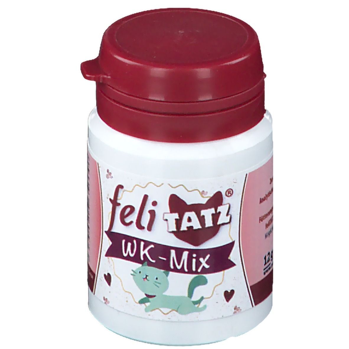 Weiße Dose mit bordeauxrotem Deckel. Aufschrift: feli-TATZ WK-Mix. Abbildung einer Katze. 12g.