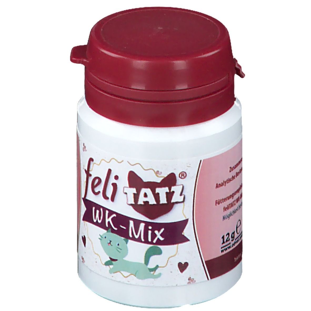 Weiße Dose mit bordeauxrotem Deckel. Aufschrift: feli-TATZ WK-Mix. Abbildung einer Katze. 12g.