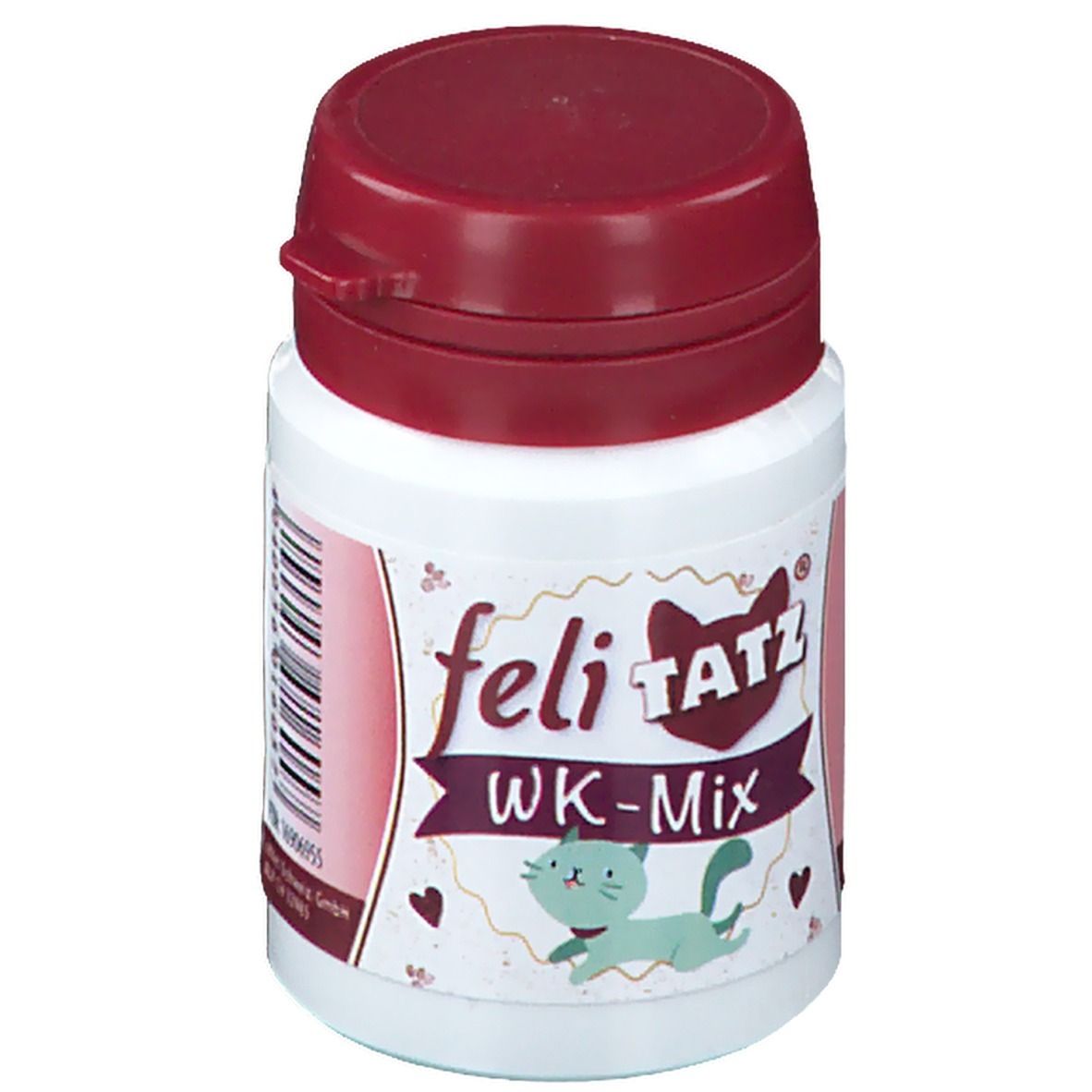 Weiße Dose mit bordeauxrotem Deckel. Aufschrift: feli-TATZ WK-Mix. Abbildung einer Katze. 12g.