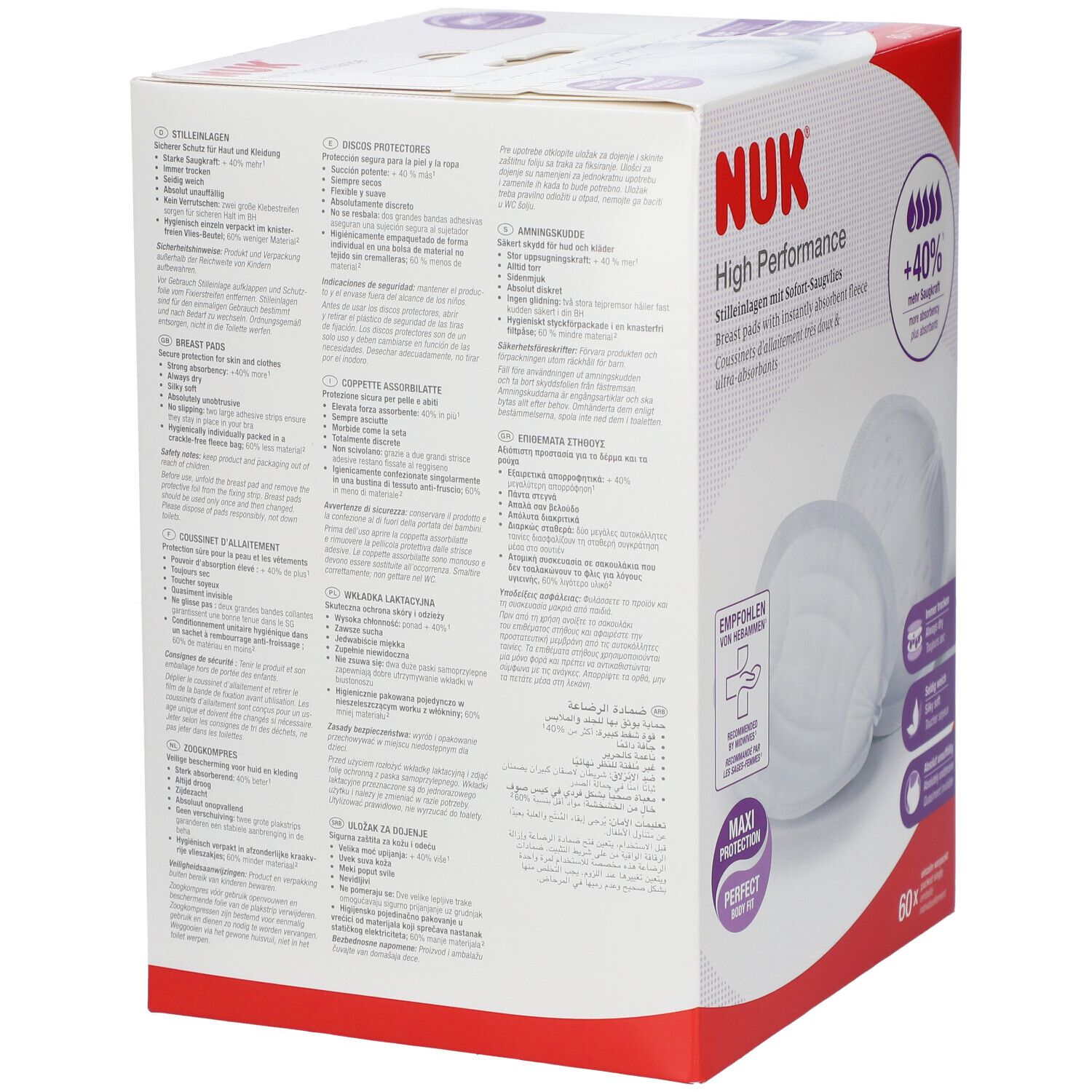 Nuk High Performance Stilleinlagen Verpackung mit 60 Stück. Zeigt zwei Einlagen und Produktinformationen.