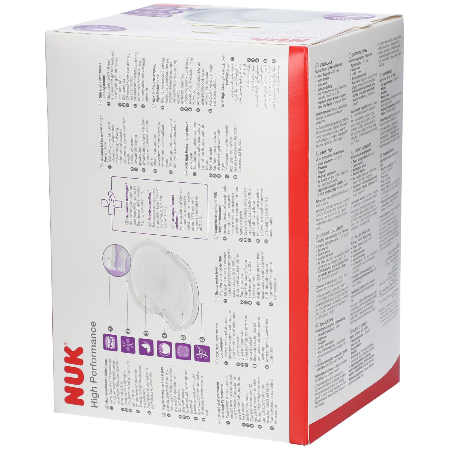 NUK High Performance Einweg-Stilleinlagen Verpackung mit Produktabbildung und Symbolen.