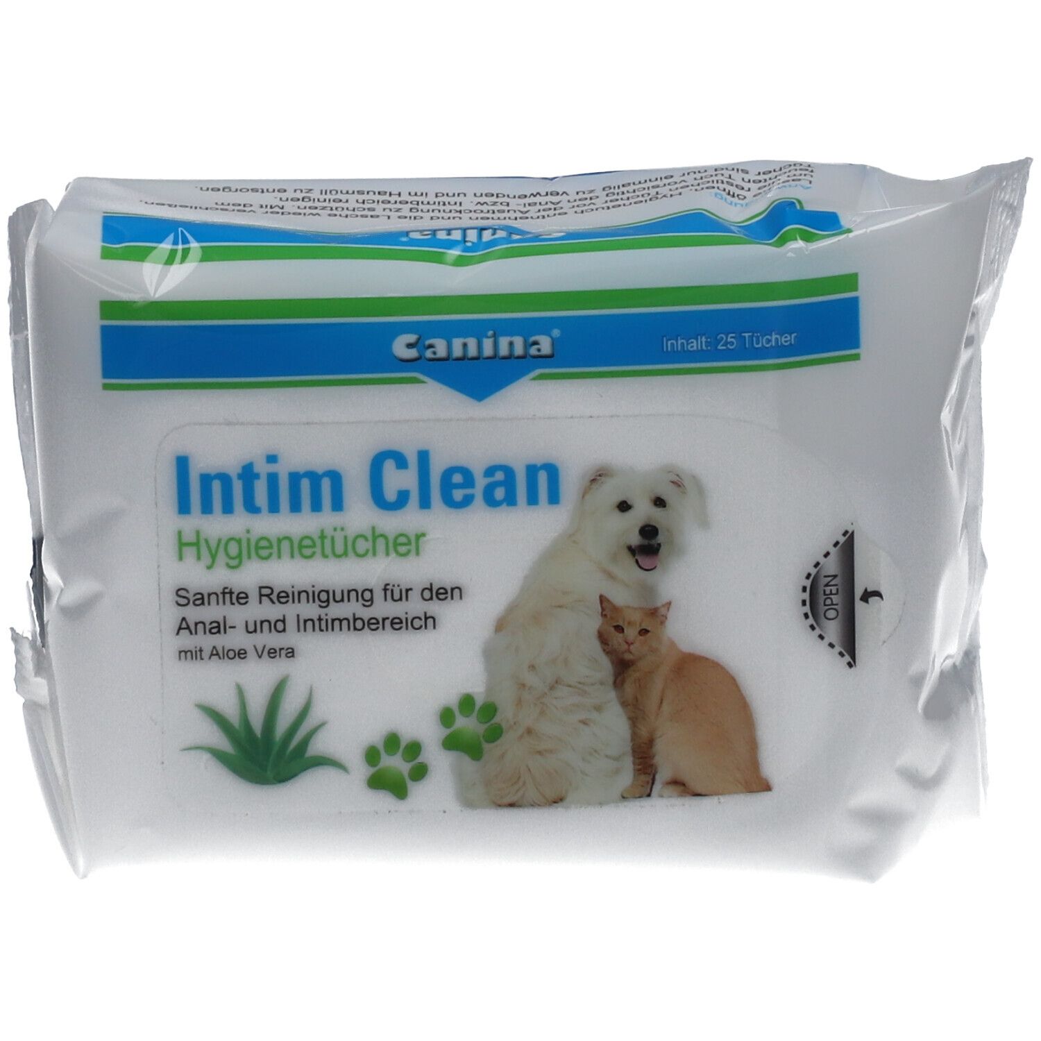 Packung Intim Clean Hygienetücher für Hunde und Katzen. Mit Logo, Text und Abbildungen von Hund und Katze.