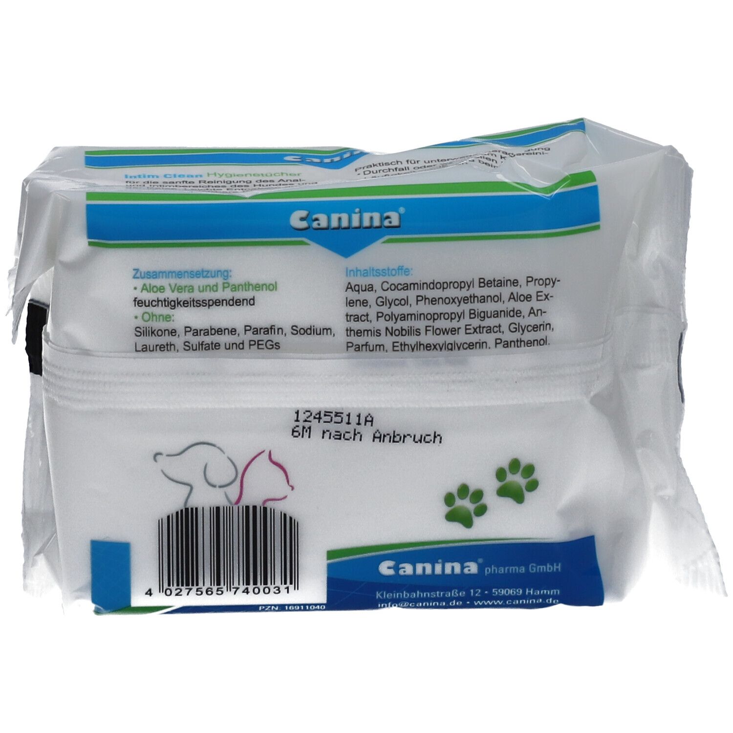 Rückseite der Packung Intim Clean Hygienetücher. Text mit Inhaltsstoffen und Logo. Haltbarkeit: 6M nach Anbruch.