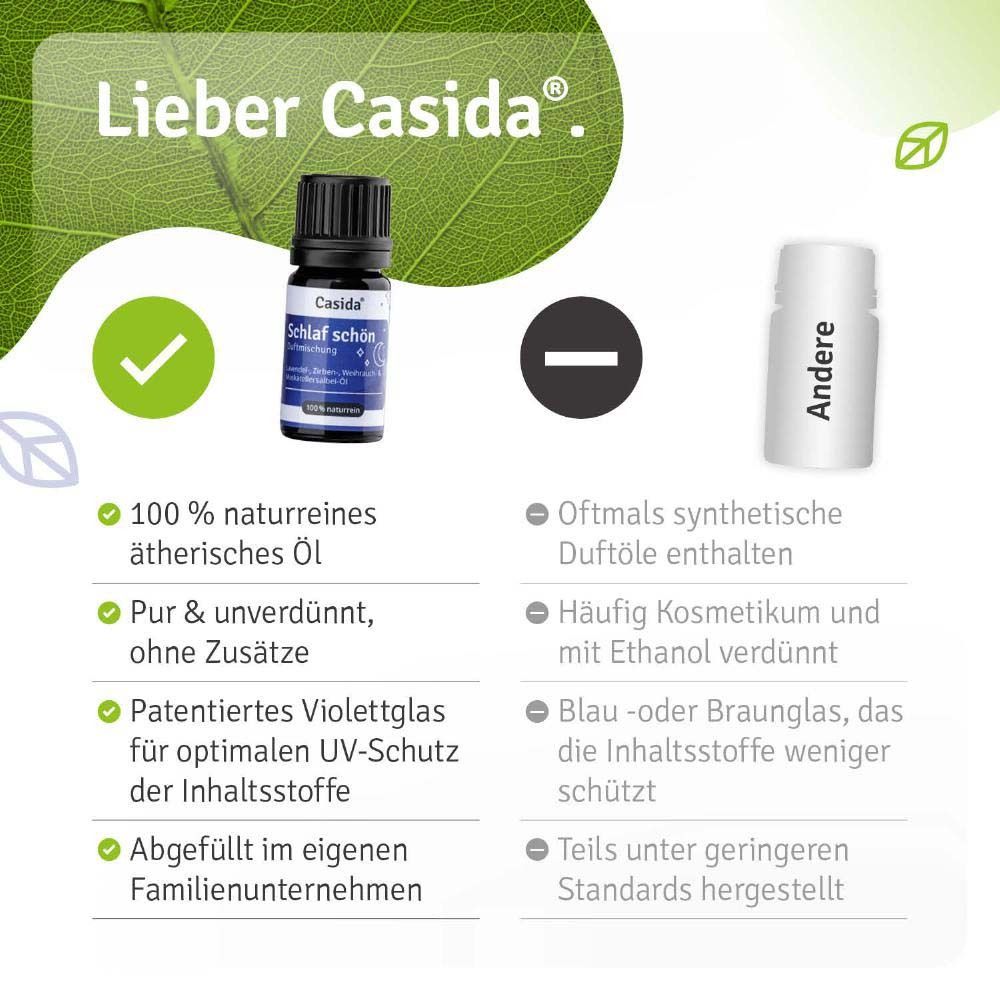 Flasche Casida Schlaf schön. Text: Lieber Casida. 100% naturreine ätherische Öle. Violettglas.