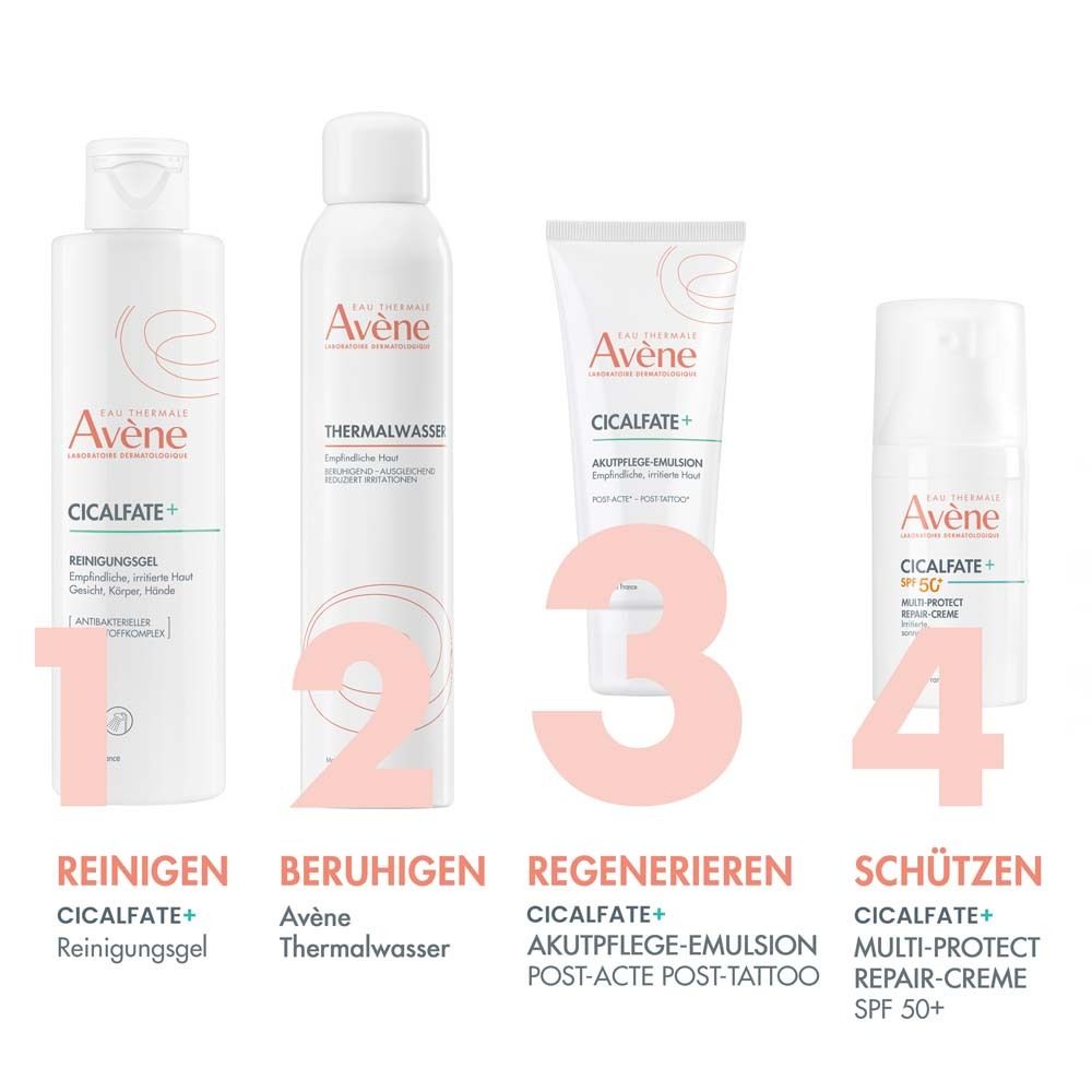 Quatre produits: 1. Cicalfate+ Gel nettoyant. 2. Eau thermale Avène. 3. Cicalfate+ Akutpflege-Emulsion. 4. Cicalfate+ Multi-Protect Crème réparatrice SPF 50+.
