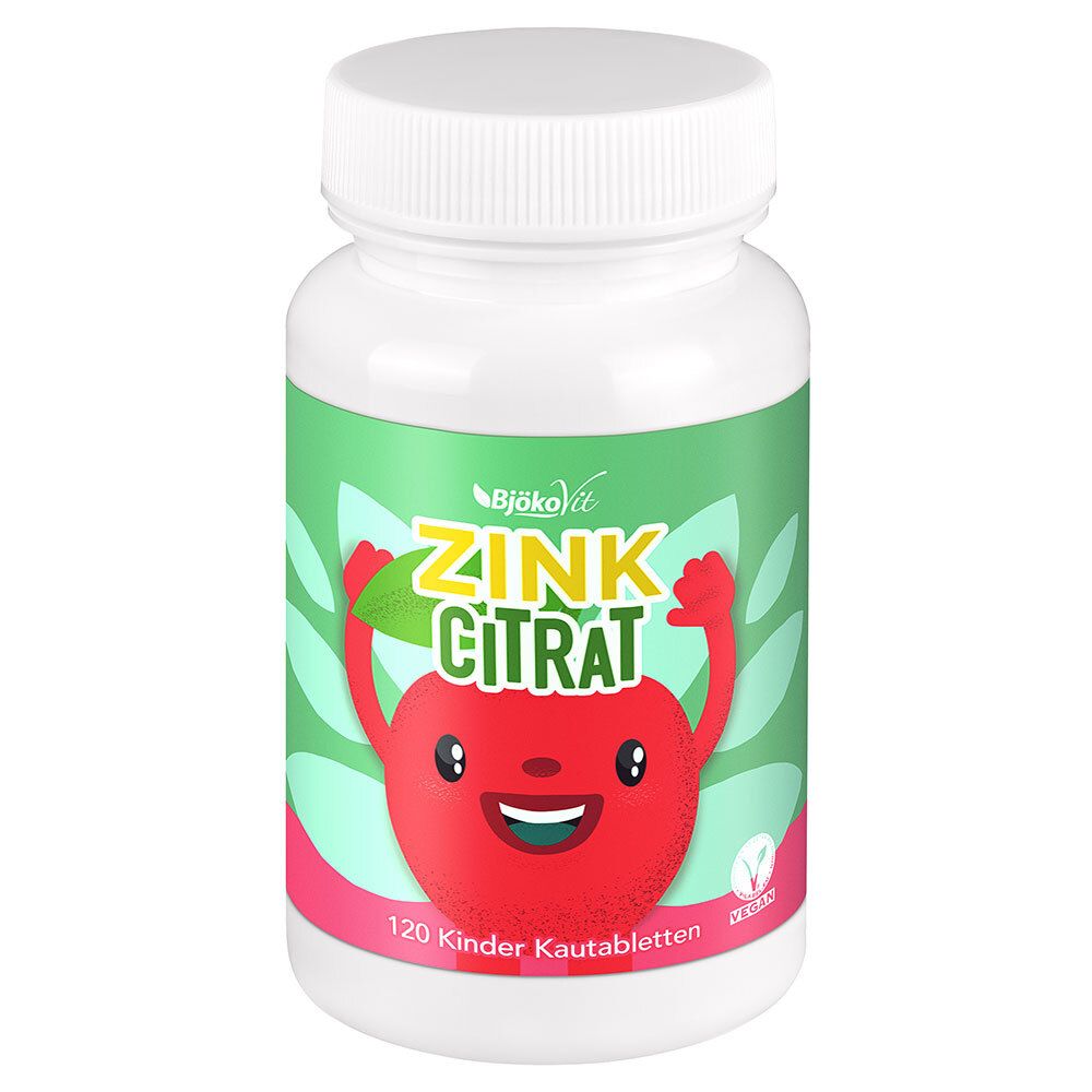 Weiße Flasche mit grünem Etikett. Aufschrift: Zink Citrat. 120 Kautabletten. Abbildung eines Apfels.
