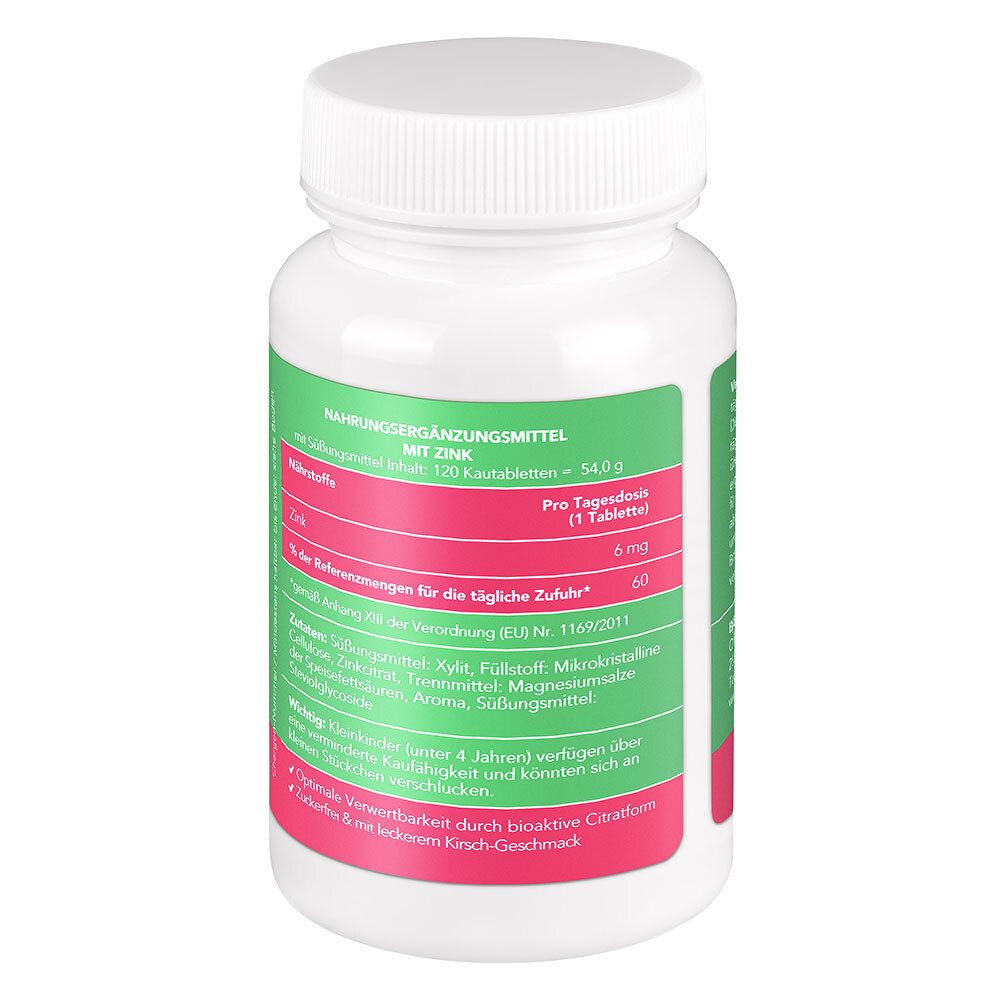 Rückseite der weißen Flasche. Grüne und rosa Etiketten mit Informationen. Text: Nahrungsergänzungsmittel mit Zink.