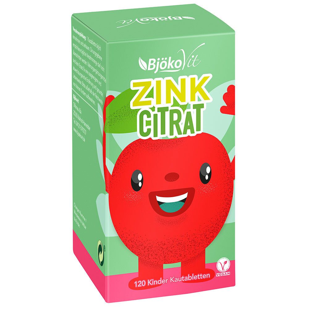 Grüne Schachtel mit Aufschrift: Zink Citrat. 120 Kautabletten. Abbildung eines Apfels. Vegan-Siegel.