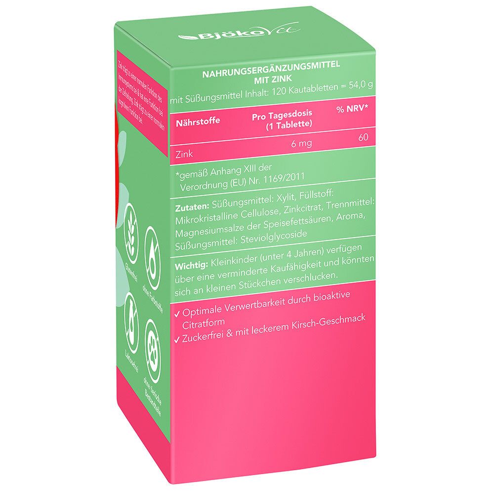 Rückseite der grünen Schachtel. Text: Nahrungsergänzungsmittel mit Zink. Inhaltsstoffe, Nährwerte.
