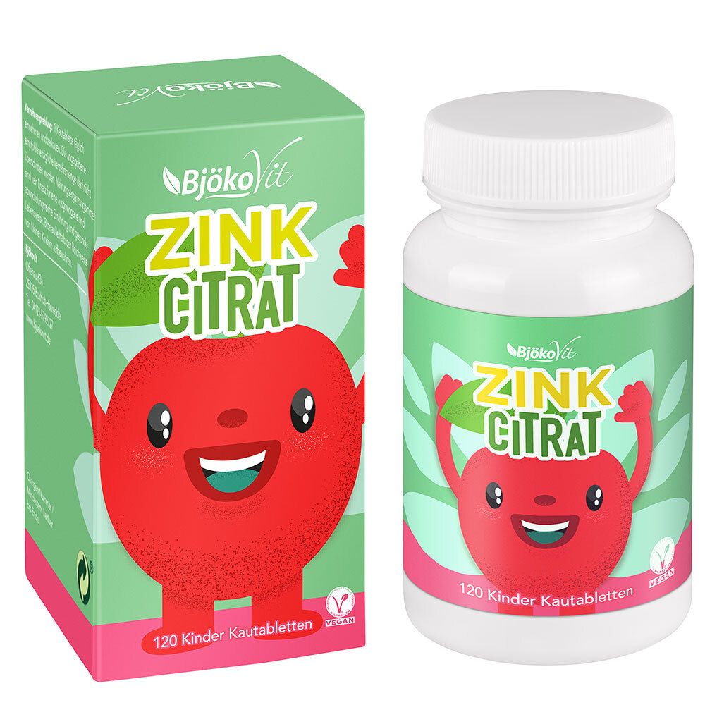 Grüne Schachtel und weiße Flasche. Aufschrift: Zink Citrat. 120 Kautabletten. Abbildung eines Apfels. Vegan-Siegel.