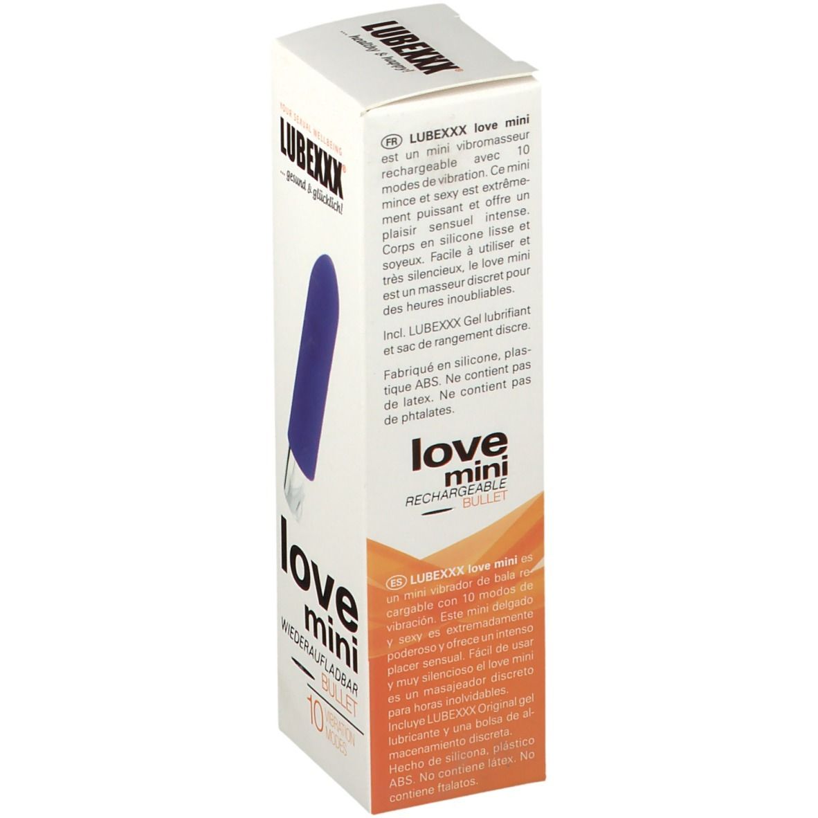 Boîte de LUBEXXX love mini. Un vibromasseur violet en forme de balle est représenté. Texte: love mini, rechargeable, Bullet, 10 modes.