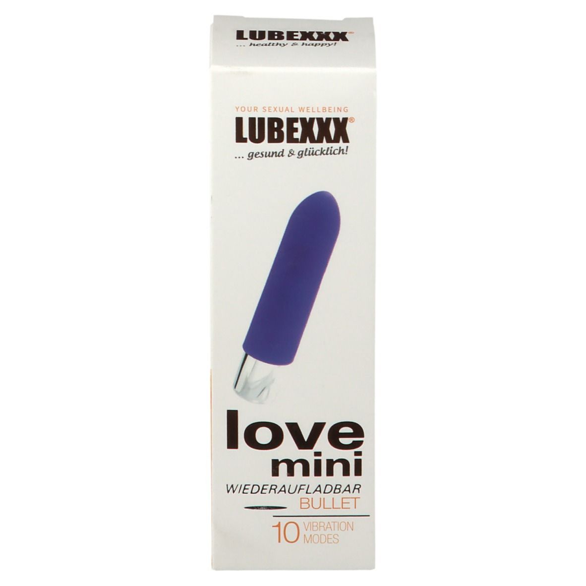 Boîte de LUBEXXX love mini. Un vibromasseur violet en forme de balle est représenté. Texte: love mini, 10 modes de vibration.