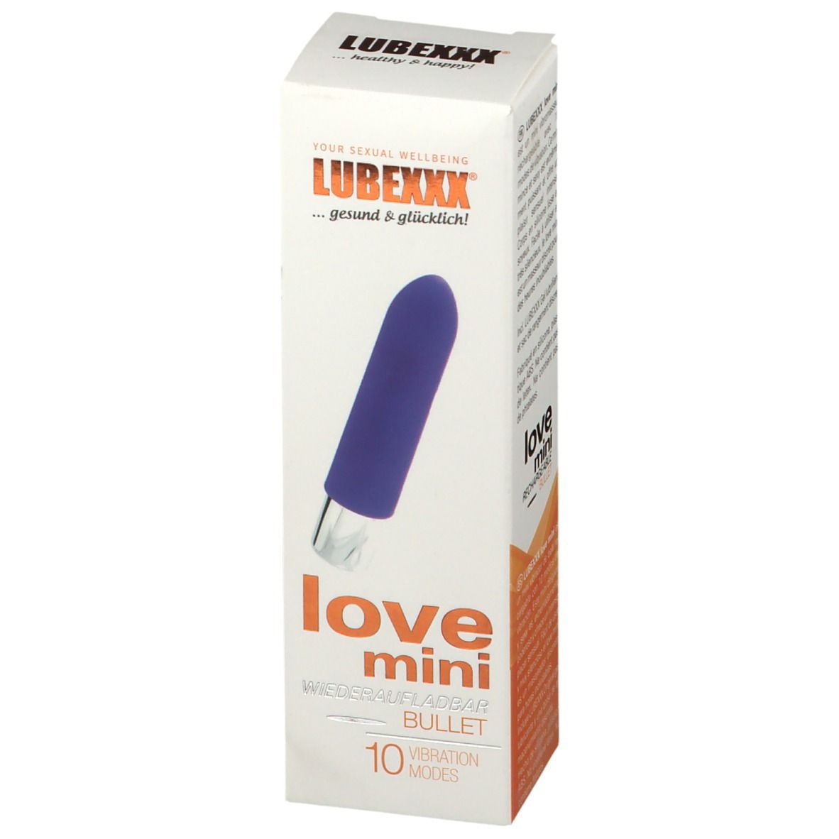 Boîte de LUBEXXX love mini. Un vibromasseur violet en forme de balle est représenté. Texte: love mini, 10 modes de vibration.