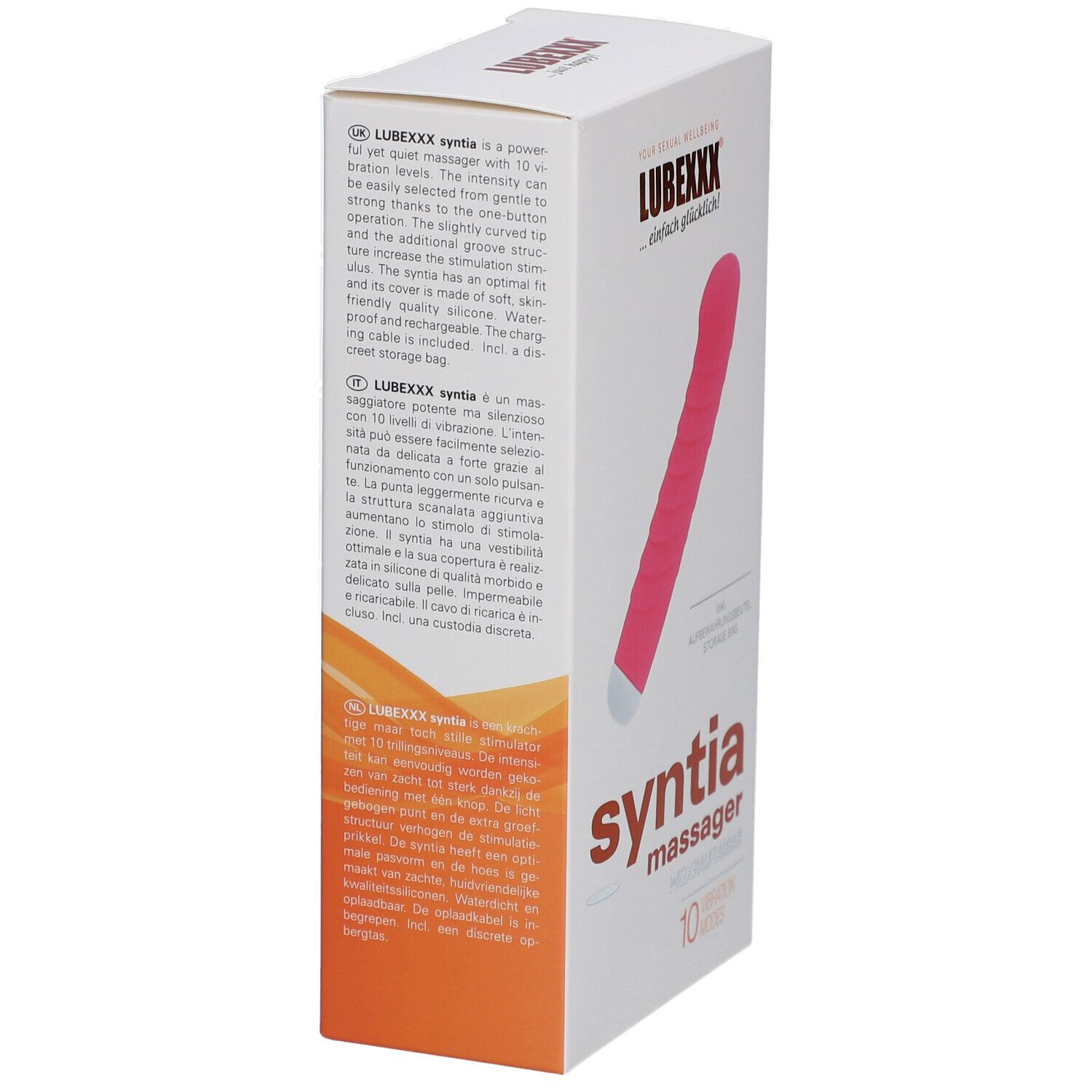 Boîte LUBEXXX syntia massager. Masseur rose illustré. Texte multilingue.