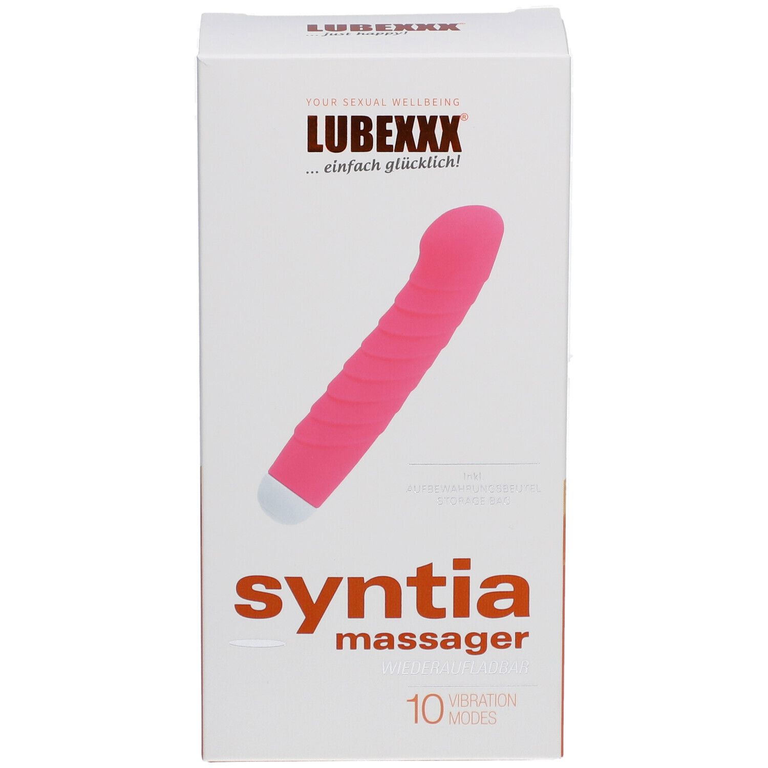 Boîte LUBEXXX syntia massager. Masseur rose illustré. Texte: 10 modes de vibration.