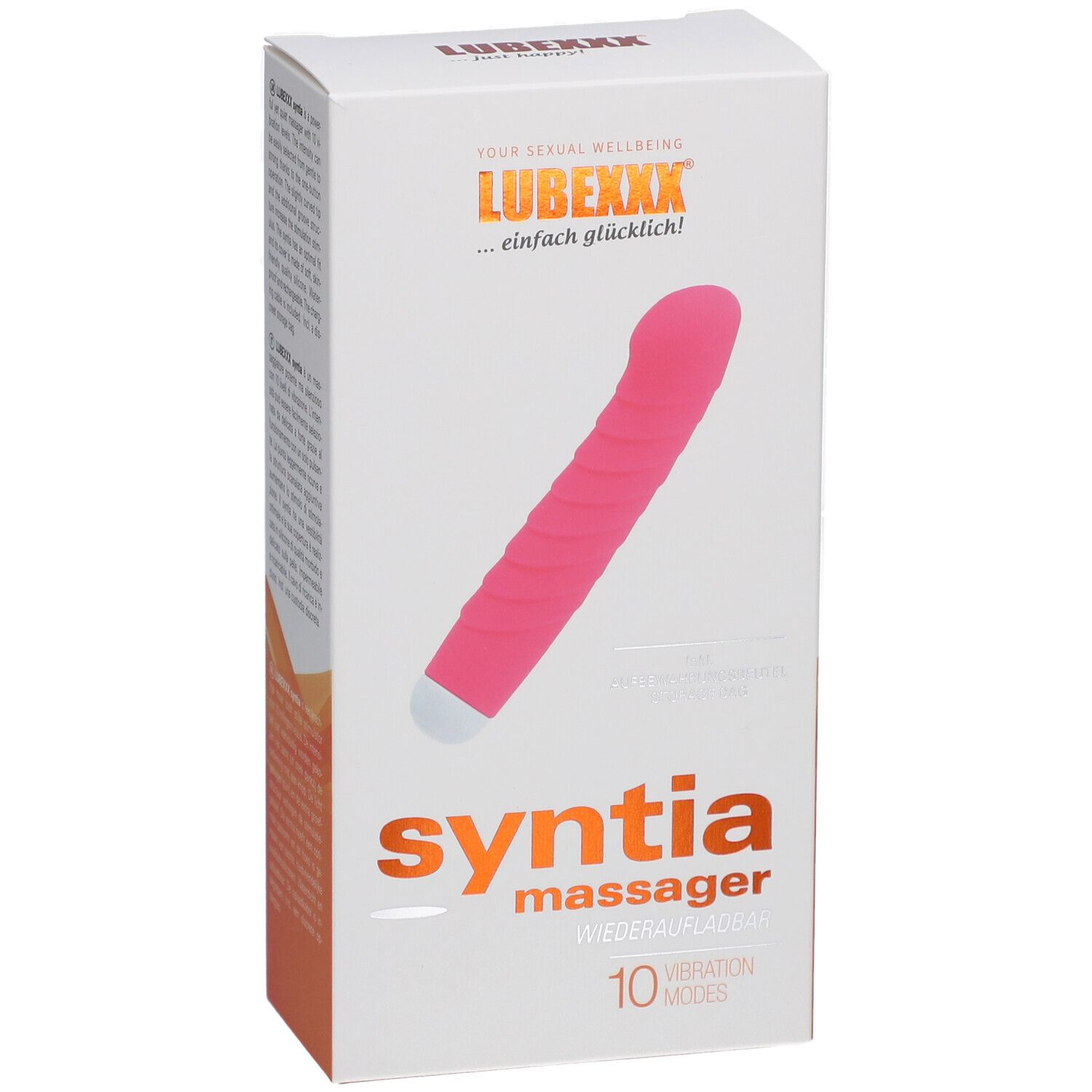 Boîte LUBEXXX syntia massager. Masseur rose illustré. Texte: 10 modes de vibration.
