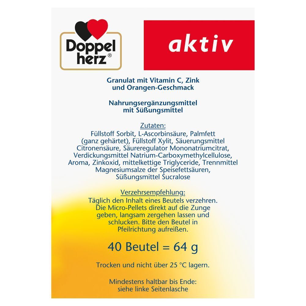 Dos de l'emballage avec liste des ingrédients et recommandations d'utilisation. 40 sachets = 64 g.