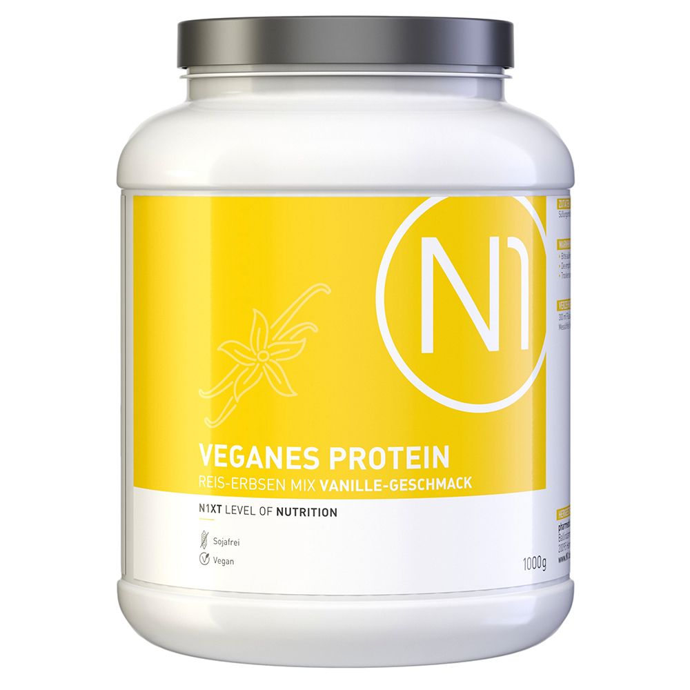 Récipient blanc avec étiquette jaune. Inscription: N1 VEGANES PROTEIN REIS-ERBSEN MIX VANILLE-GESCHMACK. Vegan, sans gluten, vegan.