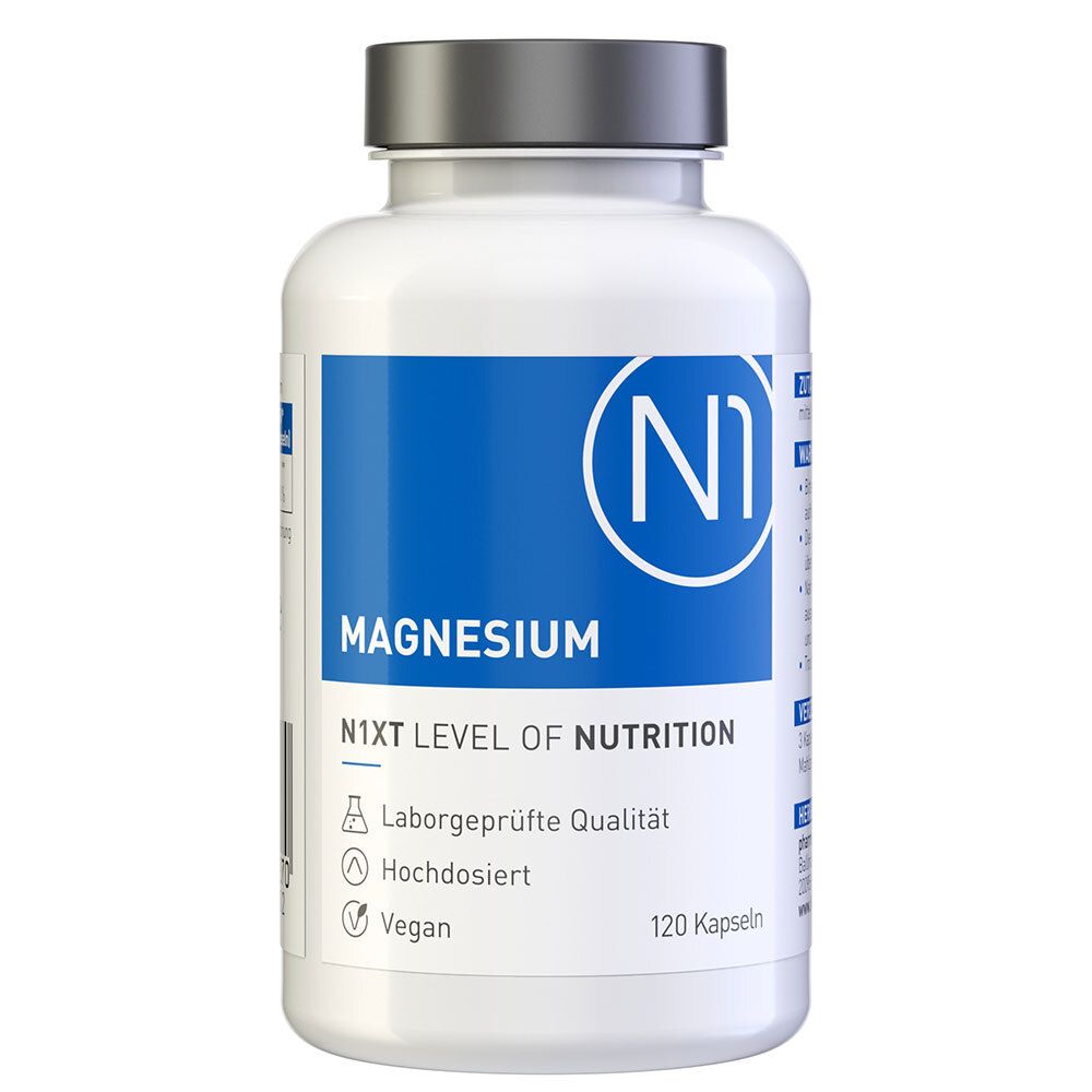 Flacon blanc avec étiquette bleue. Inscription : Magnesium, N1, 120 gélules. Vegan, haute dose.