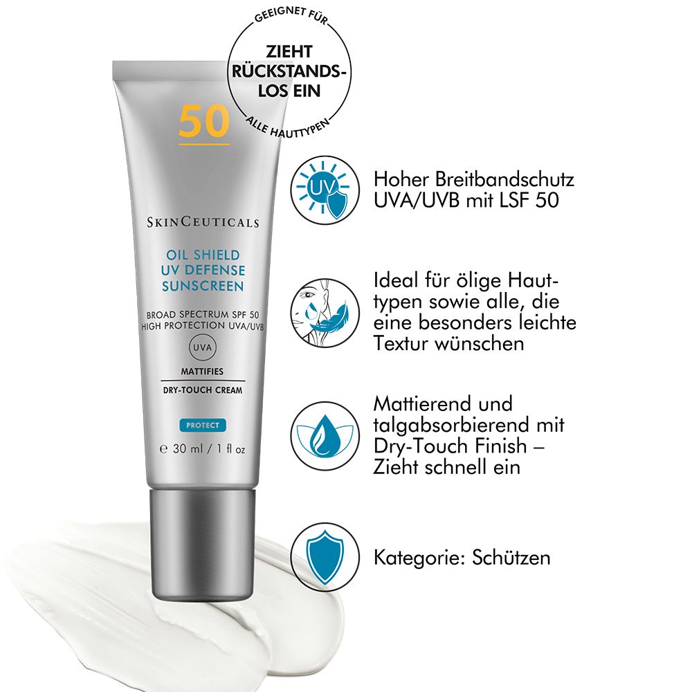 SkinCeuticals OIL SHIELD UV DEFENSE SUNSCREEN LSF 50, mattierende Gesichtssonnencreme für Mischhaut