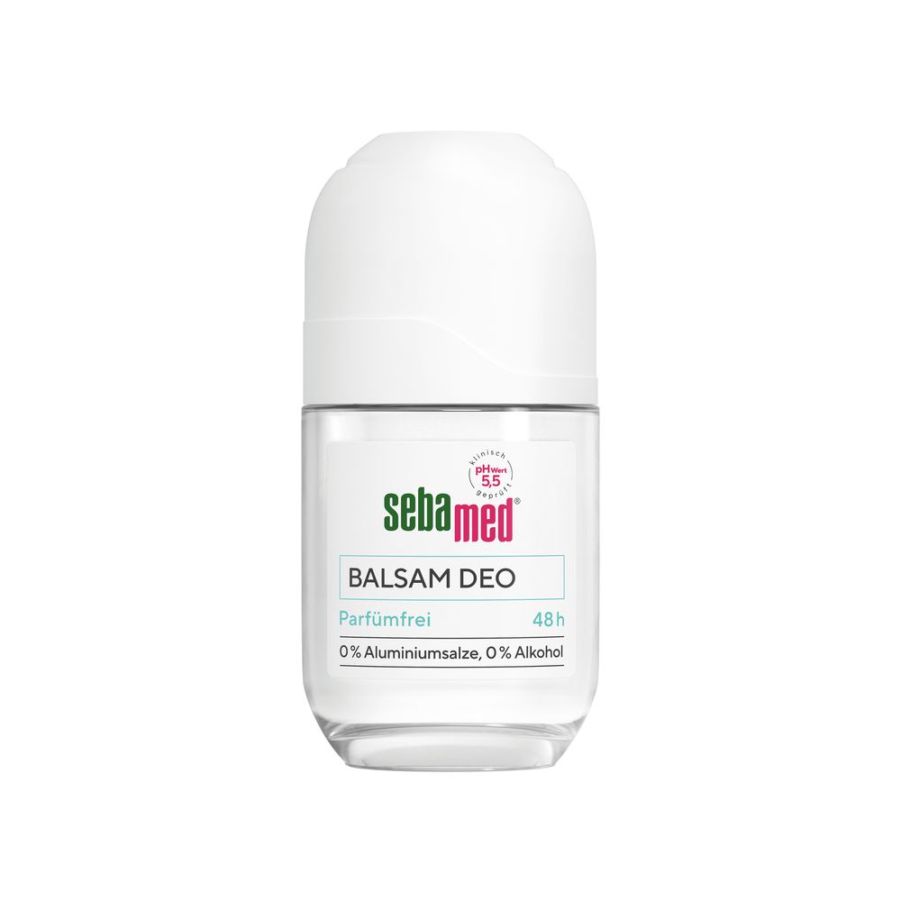Déodorant roll-on avec bouchon blanc et flacon transparent. Inscription : Sebamed Balsam Deo, sans parfum, 48h, 0% sels d'aluminium, 0% alcool.