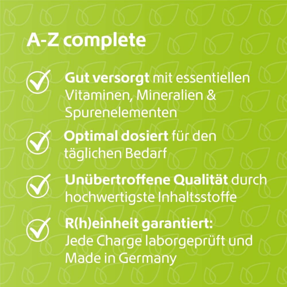 Fond vert avec texte : A-Z complete. Fabriqué en Allemagne.