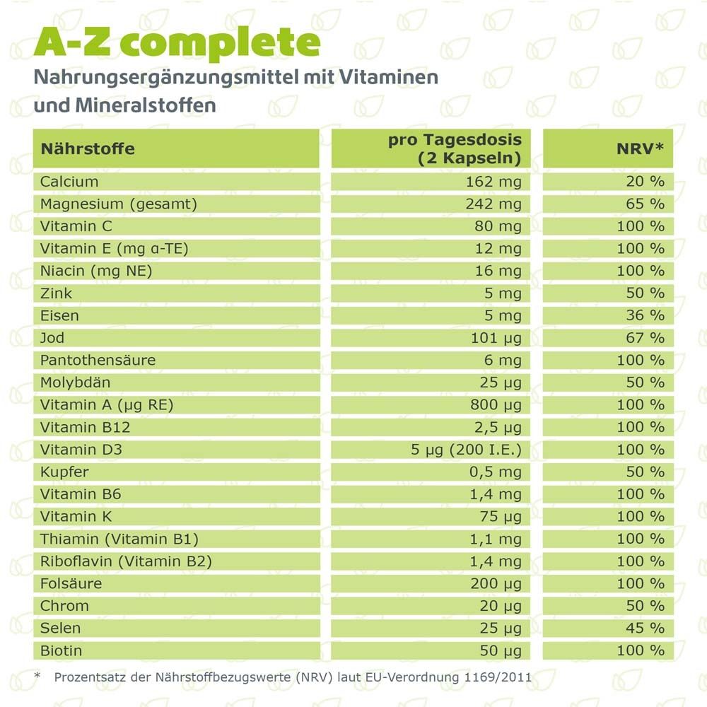 Tableau nutritionnel pour A-Z complete. Par dose journalière (2 gélules) : calcium, magnésium, vitamine C, vitamine E, niacine, zinc, fer, iode, etc.