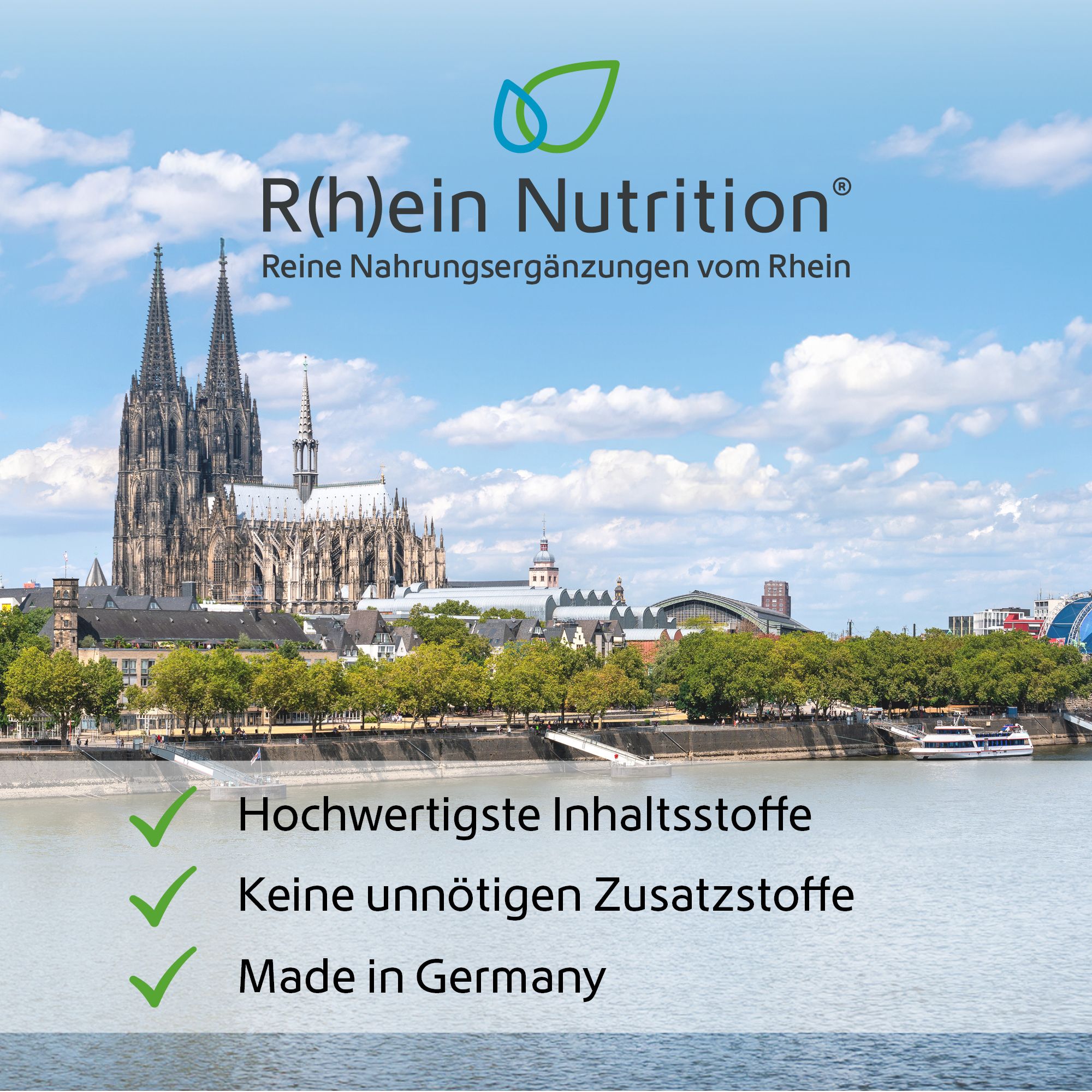 Vue de Cologne avec le Rhin. Texte : R(h)ein Nutrition. Compléments alimentaires purs du Rhin. Fabriqué en Allemagne.