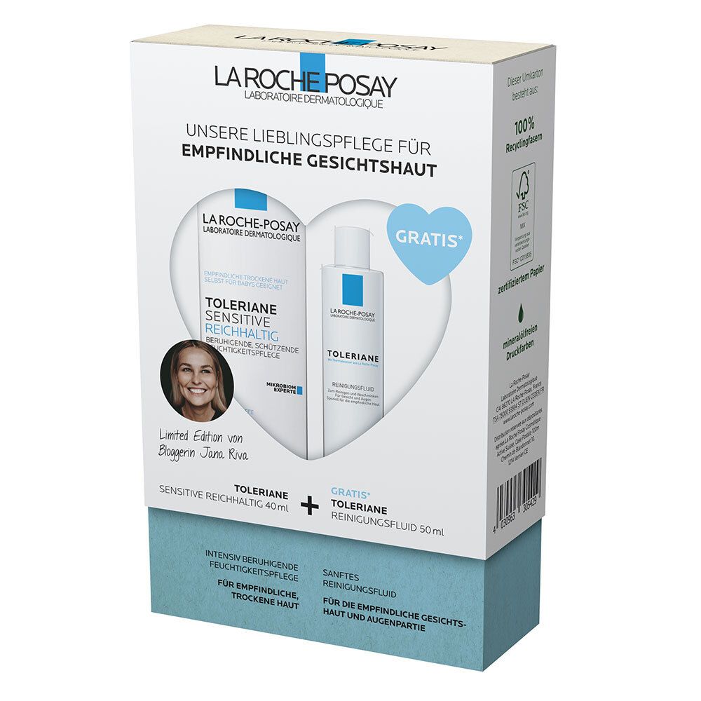 Geschenkset mit zwei Produkten: Toleriane Sensitive Reichhaltig und Reinigungsfluid. Verpackung mit Herzmotiv.