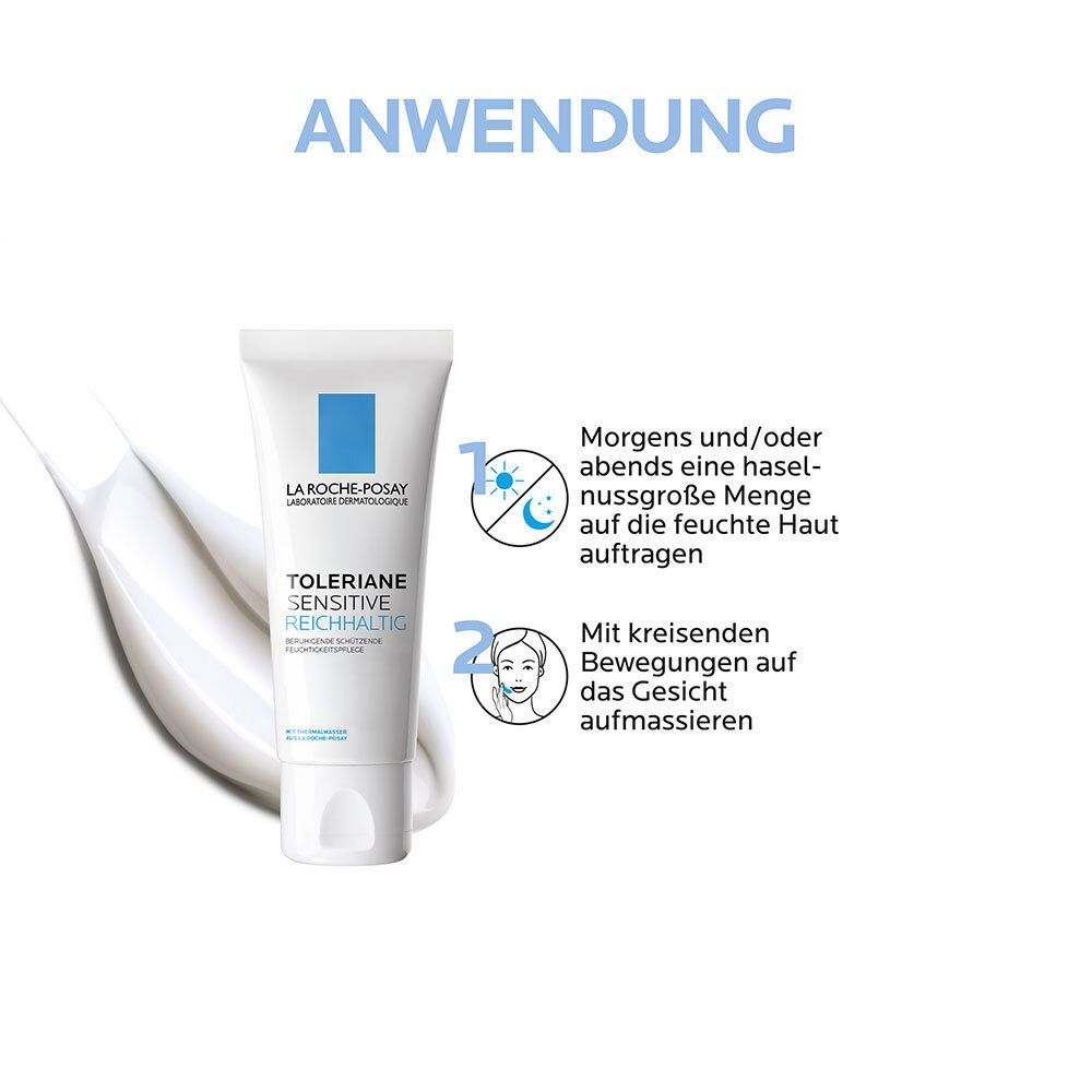 Anwendungshinweise: Creme auf feuchte Haut auftragen und einmassieren. Abbildung einer Creme-Tube.