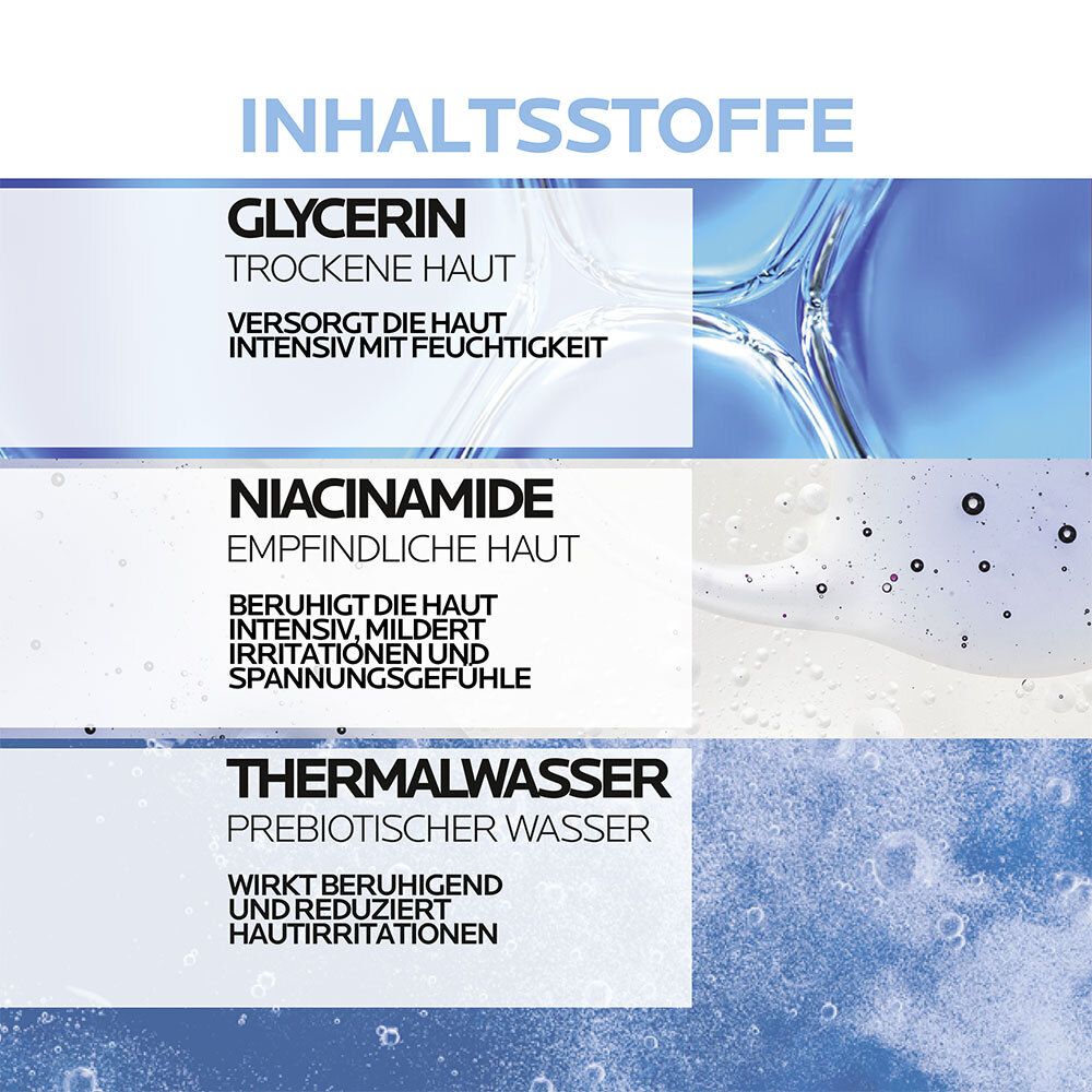 Inhaltsstoffe: Glycerin, Niacinamid und Thermalwasser. Text und Abbildungen der Inhaltsstoffe.