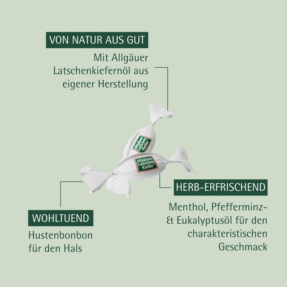 Zwei einzeln verpackte Bonbons. Text: "Herb-erfrischend", "Wohltuend", "Von Natur aus gut".
