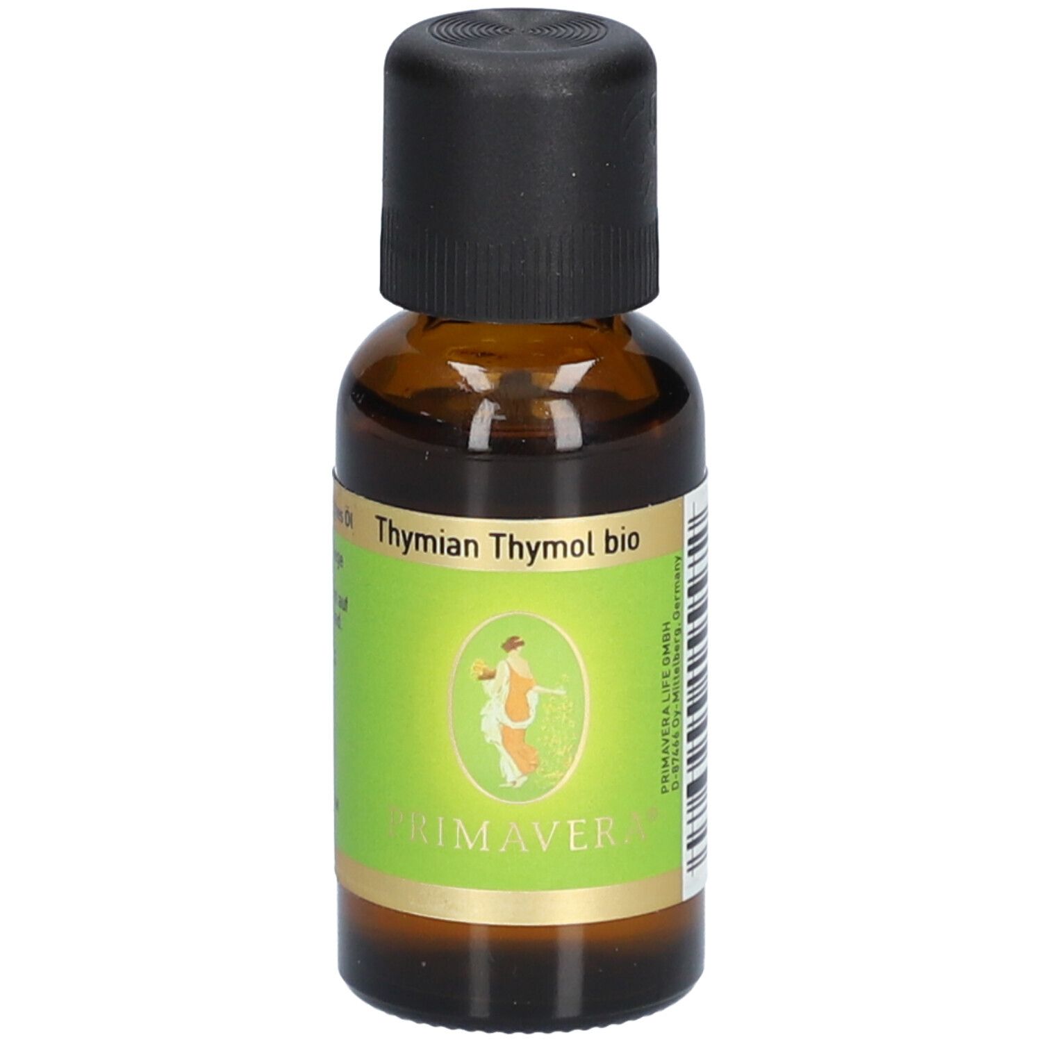 Flacon en verre brun avec bouchon noir. Étiquette avec le nom du produit Thymian Thymol bio et le logo PRIMAVERA.