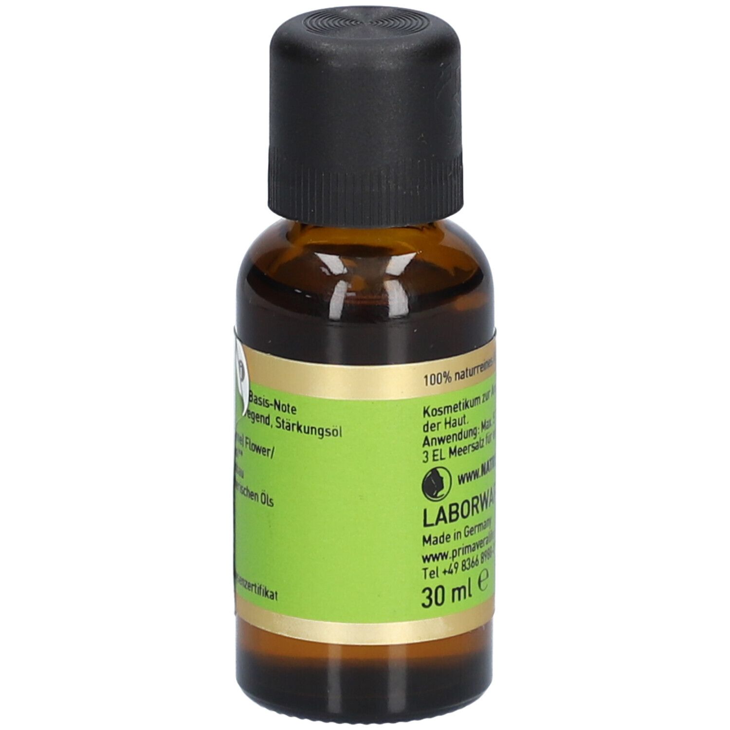 Flacon en verre brun avec bouchon noir. Étiquette avec informations produit, label NATRUE et 30 ml.