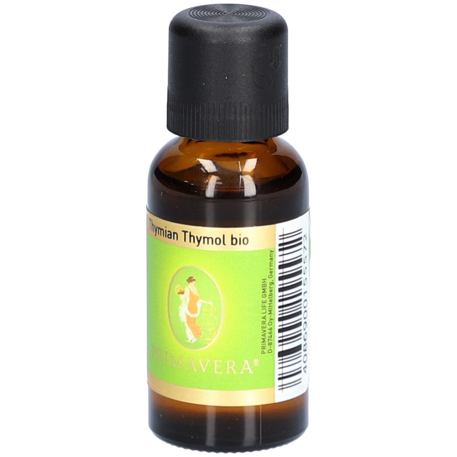 Flacon en verre brun avec bouchon noir. Étiquette avec le nom du produit Thymian Thymol bio et le logo PRIMAVERA.