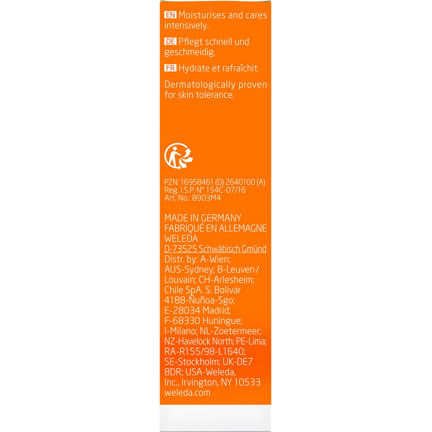 Verpackung der WELEDA Handcreme. Orangefarben, Text: Pflegt schnell und geschmeidig. Dermatologisch getestet.