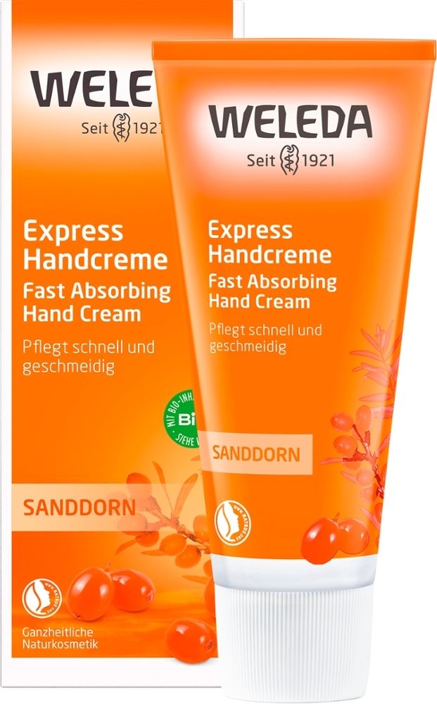 WELEDA Handcreme, Tube und Verpackung. Orangefarben, Text: Express Handcreme, Sanddorn, schnell einziehend.