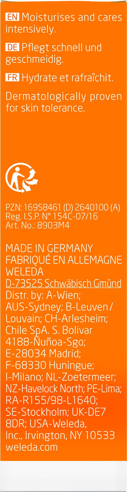 Verpackung der WELEDA Handcreme. Orangefarben, Text: Pflegt schnell und geschmeidig. Dermatologisch getestet.