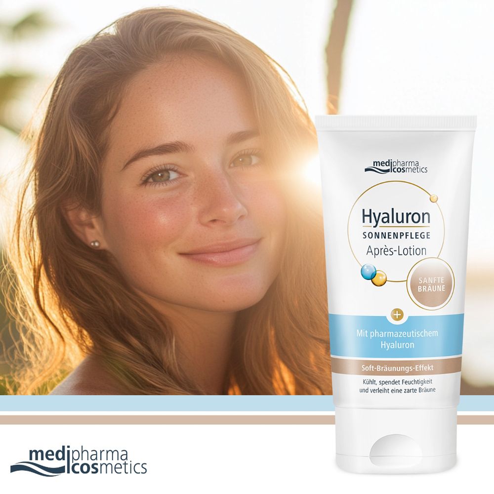 Femme à la plage avec soleil. En arrière-plan, le tube Hyaluron Sonnenpflege Après-Lotion. Marque : medipharma cosmetics.
