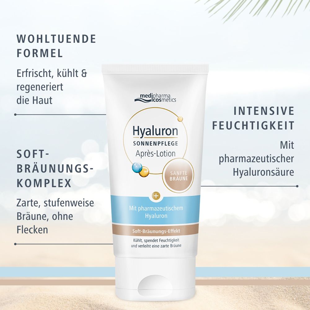 Tube Hyaluron Sonnenpflege Après-Lotion. Texte : Formule bienfaisante, Hydratation intense, Complexe bronzant doux. Marque : medipharma cosmetics.
