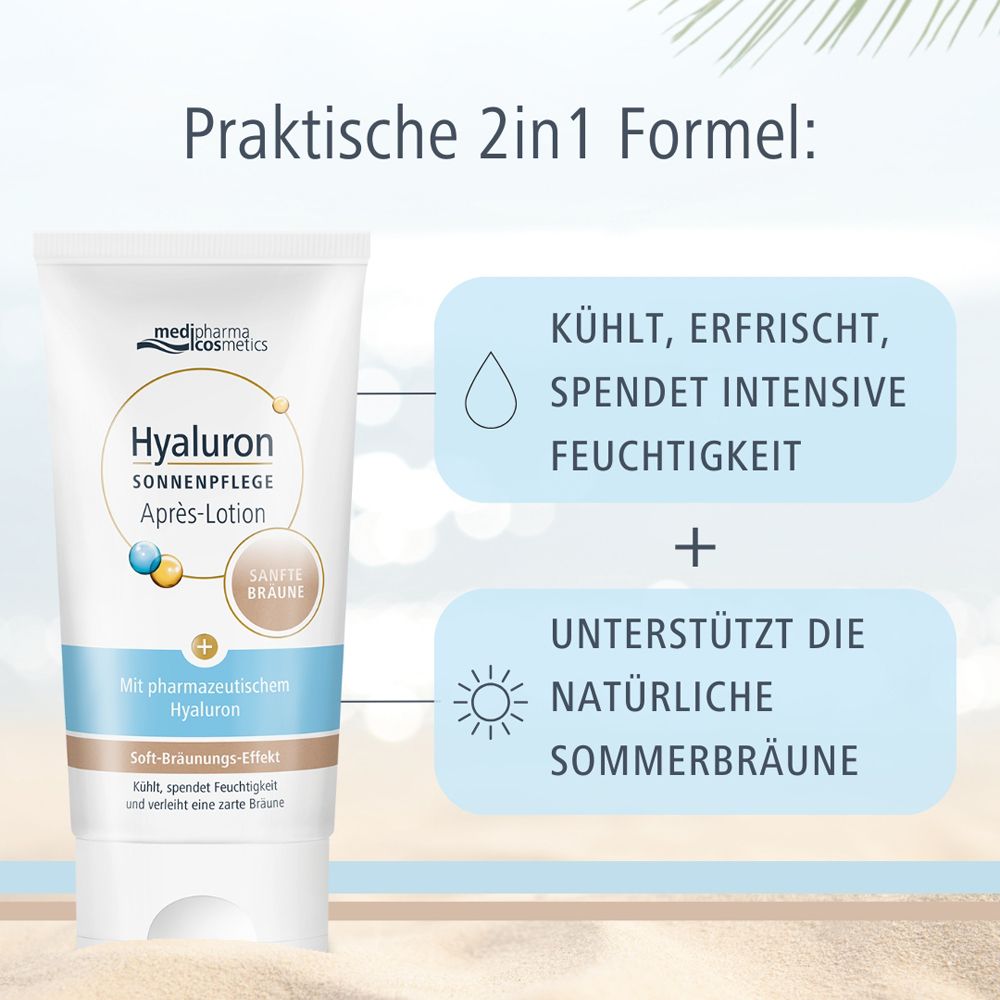 Tube Hyaluron Sonnenpflege Après-Lotion. Texte : Formule pratique 2 en 1 : Rafraîchit, hydrate intensément. Marque : medipharma cosmetics.