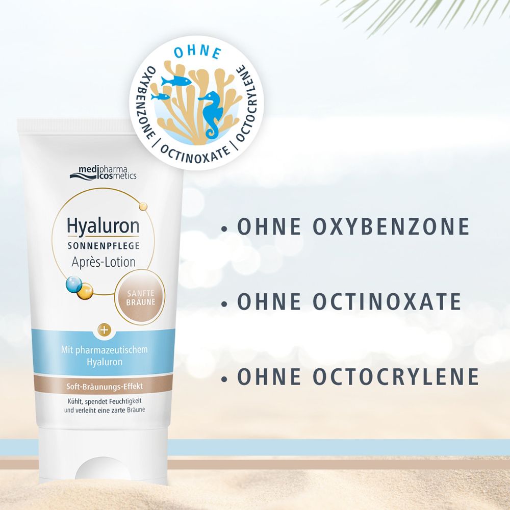 Tube Hyaluron Sonnenpflege Après-Lotion. Texte : Sans oxybenzone, octinoxate, octocrylène. Marque : medipharma cosmetics.