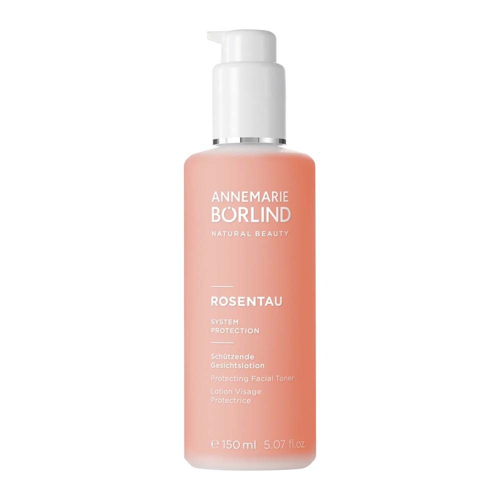 Flacon rose avec pompe. Inscription : ANNEMARIE BÖRLIND, ROSENTAU, Lotion visage protectrice.