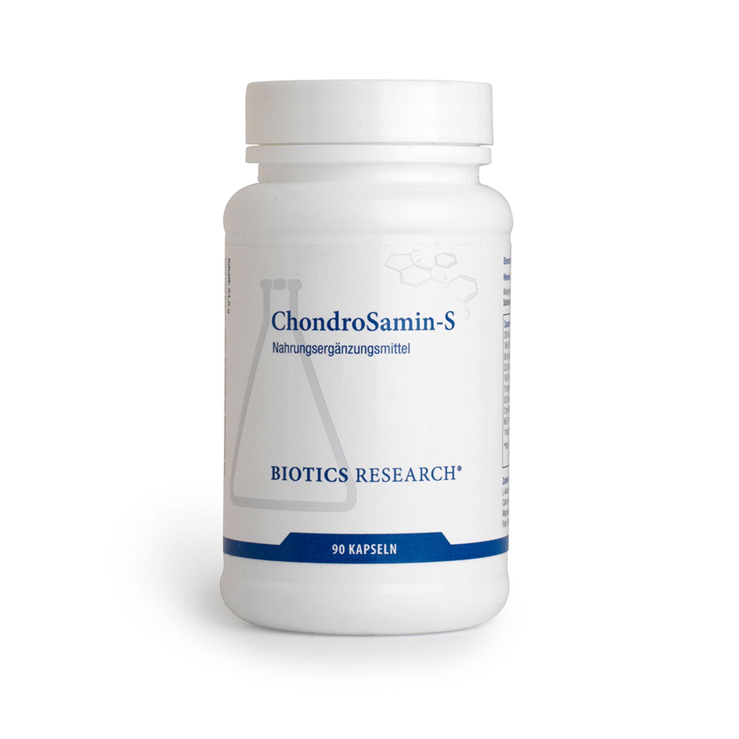 Flacon blanc avec capsules. Inscription: ChondroSamin-S, complément alimentaire, BIOTICS RESEARCH, 90 capsules.