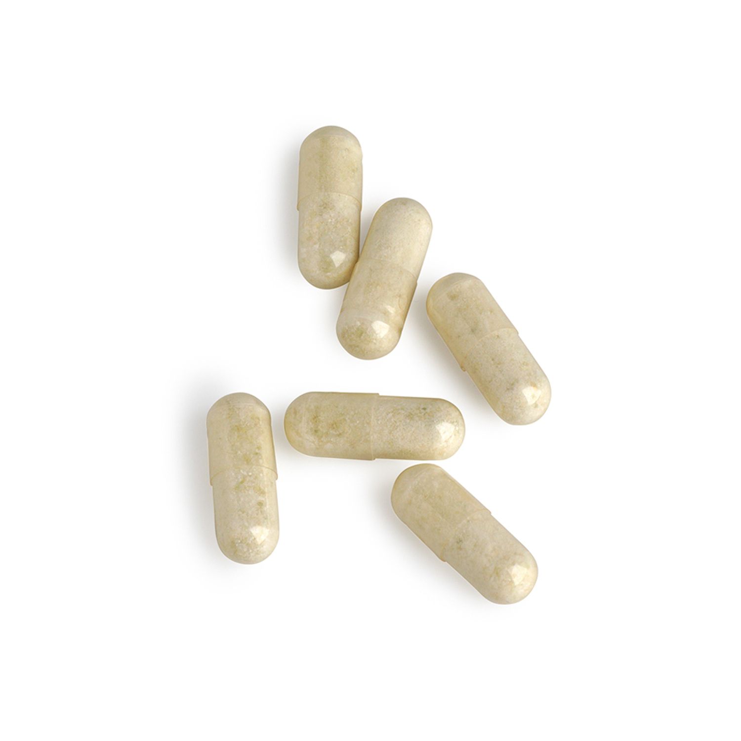 Six capsules beiges allongées sur fond blanc. Aucune autre inscription visible.