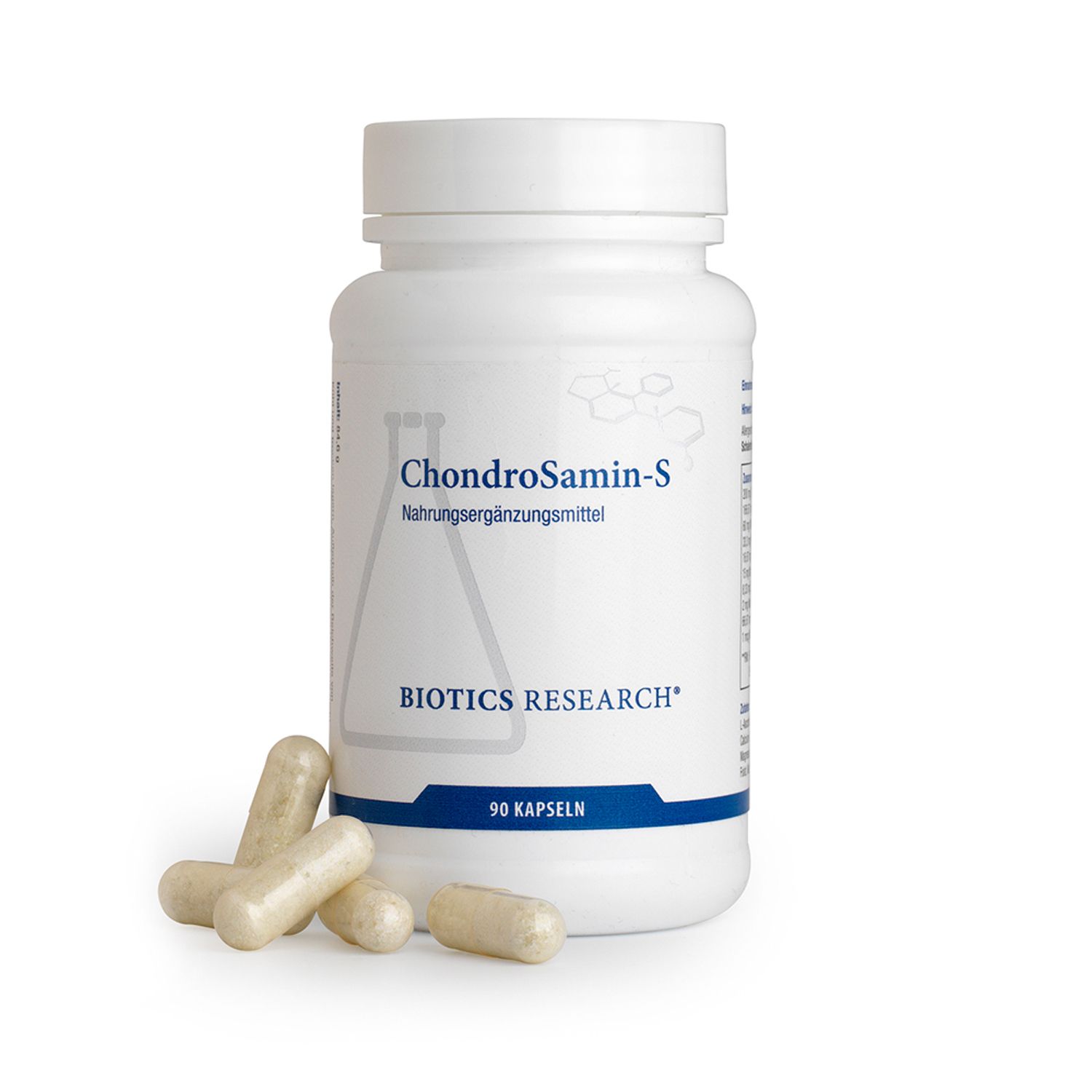 Flacon blanc avec capsules et capsules à côté. Inscription: ChondroSamin-S, BIOTICS RESEARCH, 90 capsules.