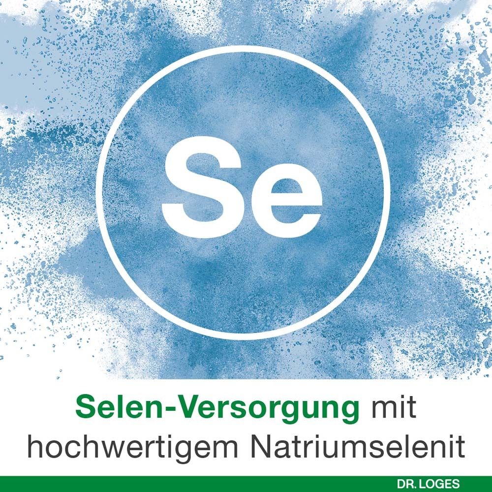 Cercle avec symbole Se et fond bleu. Texte : Apport de sélénium avec sélénite de sodium de haute qualité. Logo : Dr. Loges.