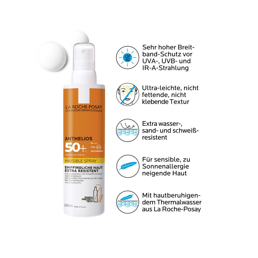La Roche-Posay Anthelios 50+ Spray. Caractéristiques : Très haute protection, ultra-léger, résistant à l'eau, pour peaux sensibles. Icônes.
