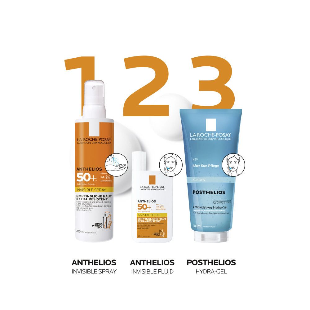 Trois produits La Roche-Posay : Anthelios Invisible Spray, Anthelios Invisible Fluid, Posthelios Hydra-Gel. Tous avec logo et nom du produit.