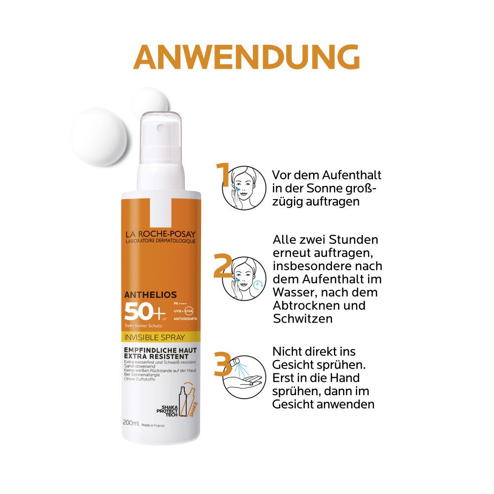 Application d'Anthelios Invisible Spray. Étape 1 : Appliquer avant l'exposition au soleil. Étape 2 : Renouveler toutes les 2 heures. Étape 3 : Ne pas vaporiser directement sur le visage.